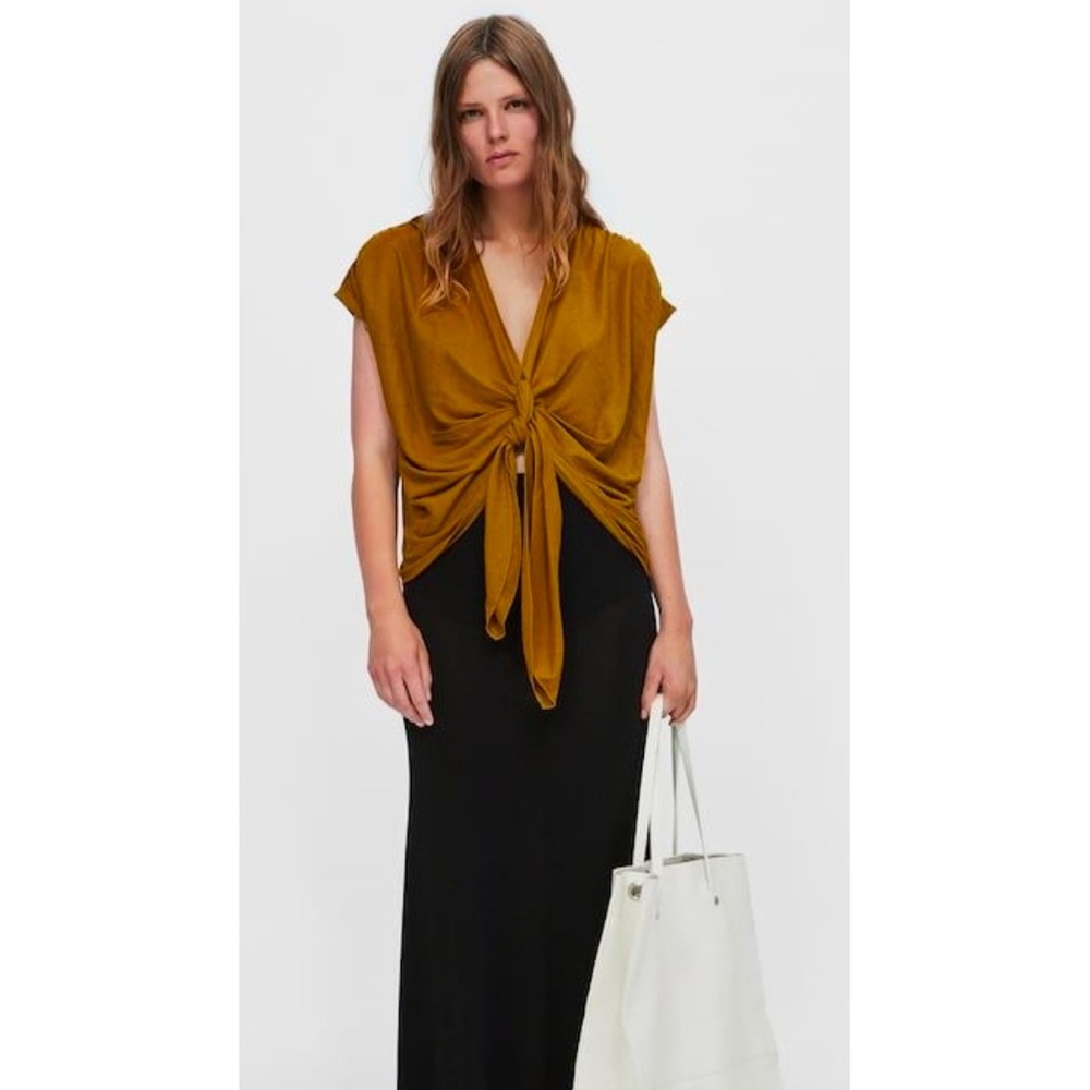 Zara Woman Basic Brown Draped Knot Front V-Neck Blouse Top Size M
